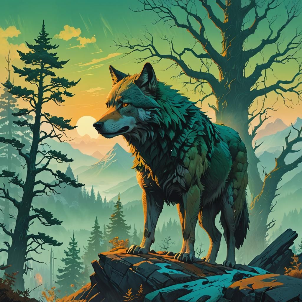 Wolf on Misty Peak: Fantasy Landscape Art