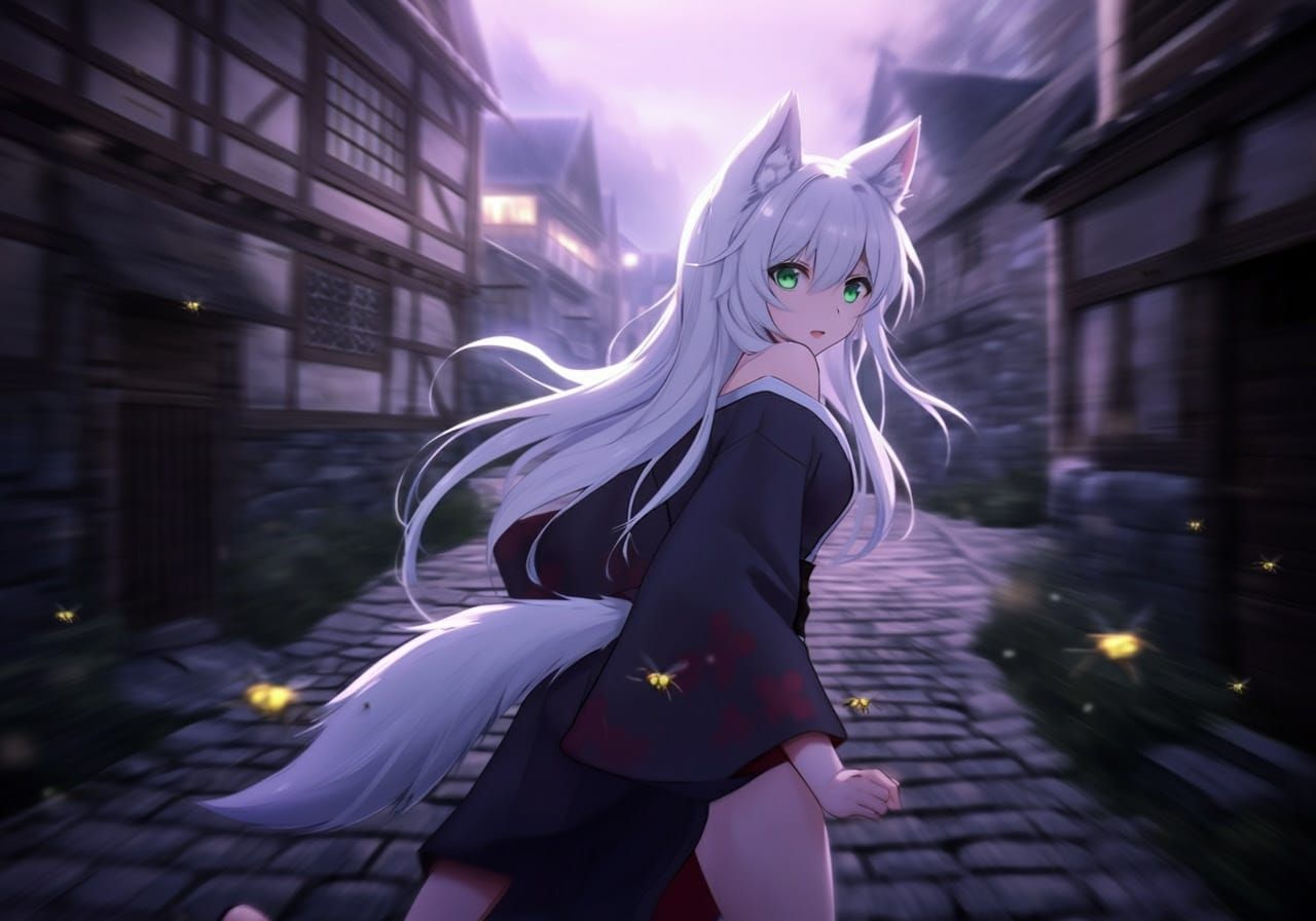 Whimsical Dark Fantasy Village Girl in Soft Pastel Hues