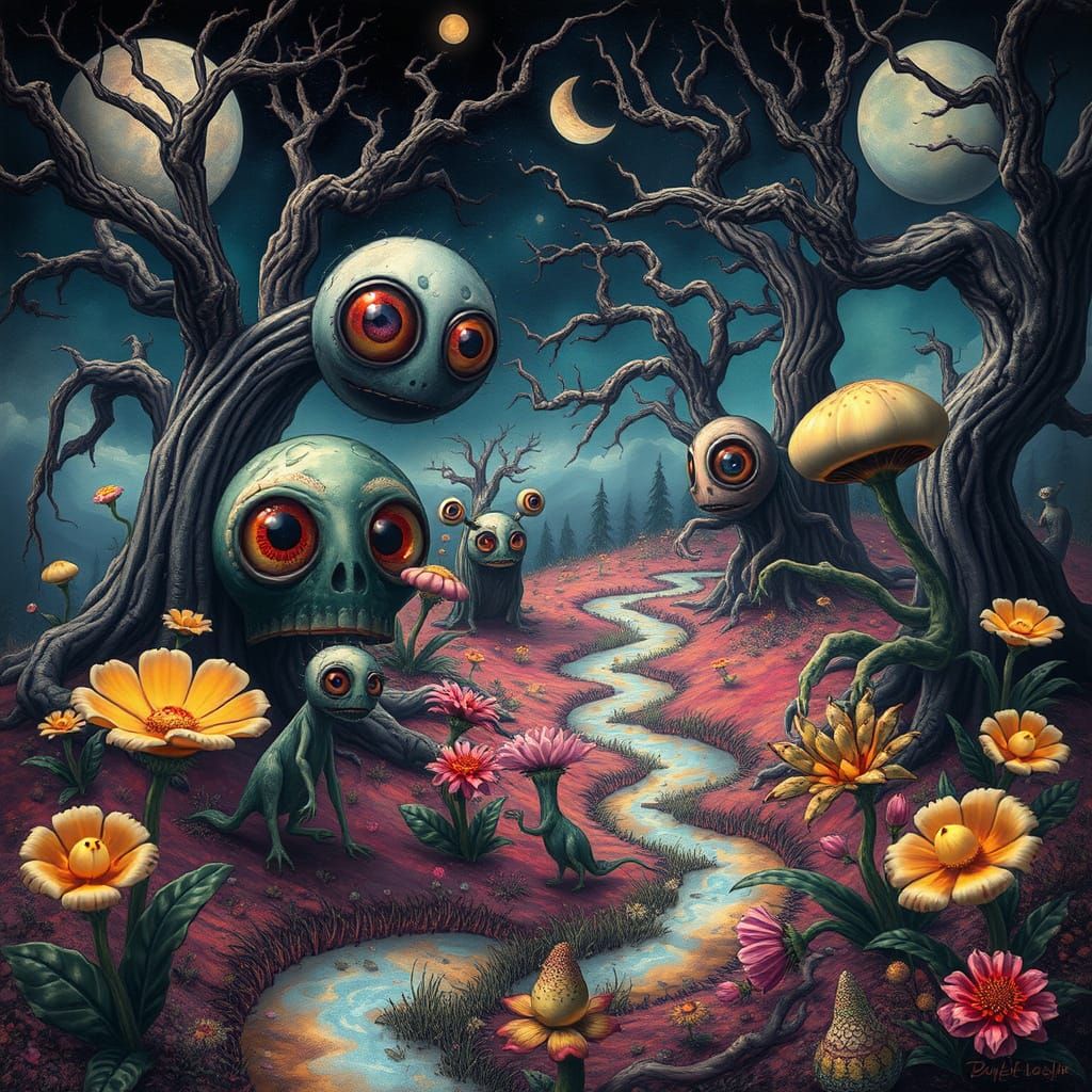 Surreal Dreamscapes with Grotesque, Whimsical Creatures