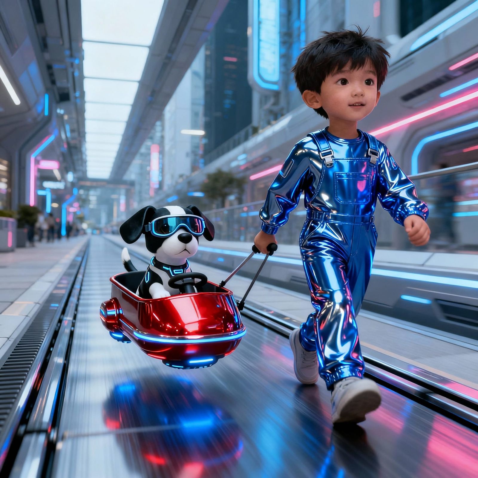 Futuristic Boy Pulls Hover Wagon with Puppy in Chrome City