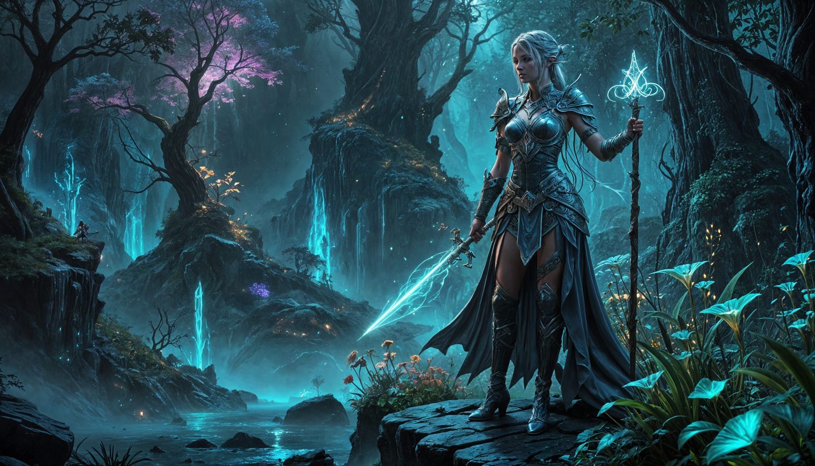 Enchanted Elf Warrior Overlooking Bioluminescent Valley