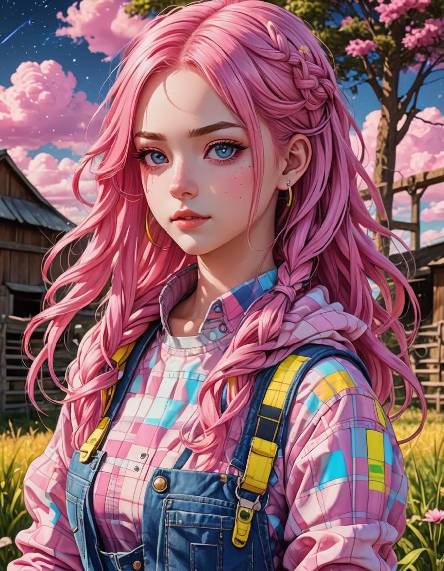 Anime Girl with Braids on Farm, Astral Illustration