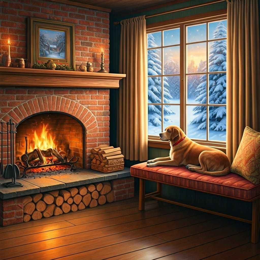 Inviting Fireplace Scene with Dog in Luminist Style