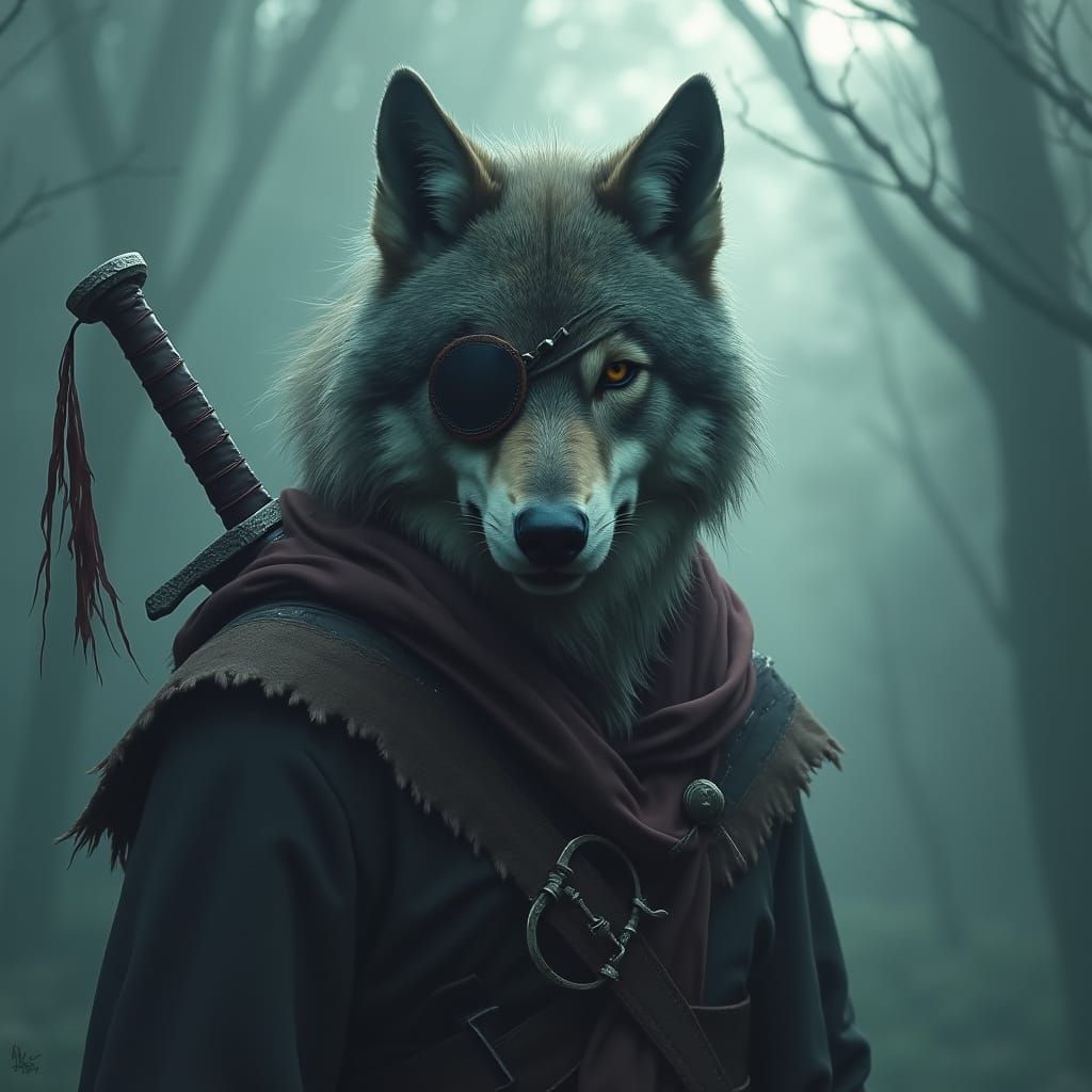 Wolf Pirate in Mystical Fog, Matte Painting Style
