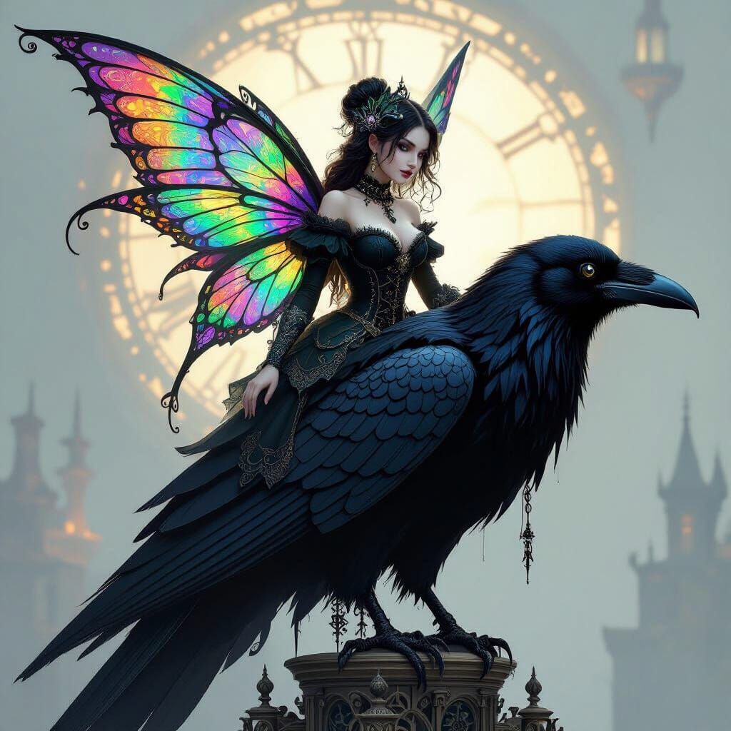 Gothic Fairy on Clockwork Raven, Dreamlike Art