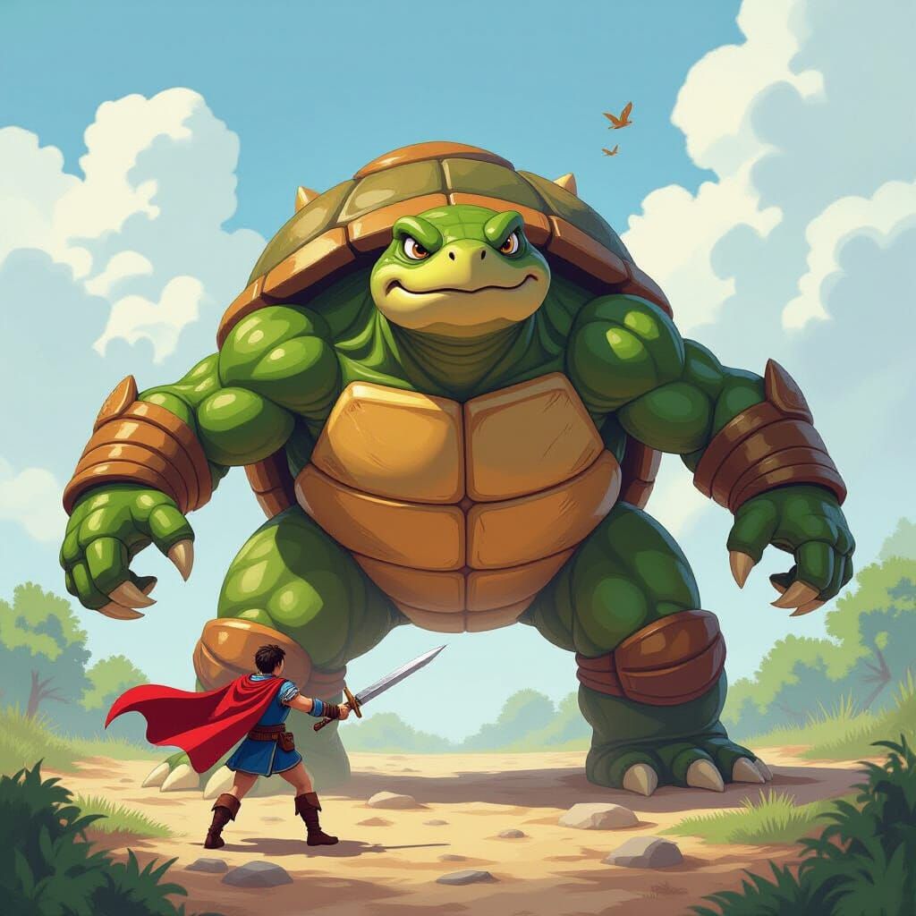Heroic Victory Over Giant Turtle: Gouache Painting