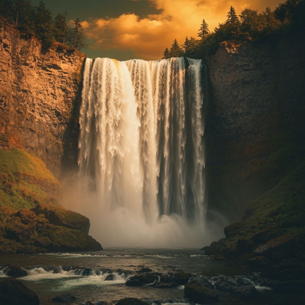Majestic Waterfall in Untamed Wilderness with Orange Sky