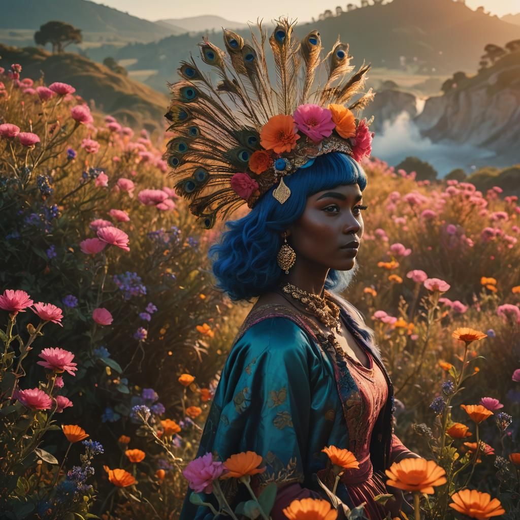 Woman with Blue Hair and Peacock Feathers