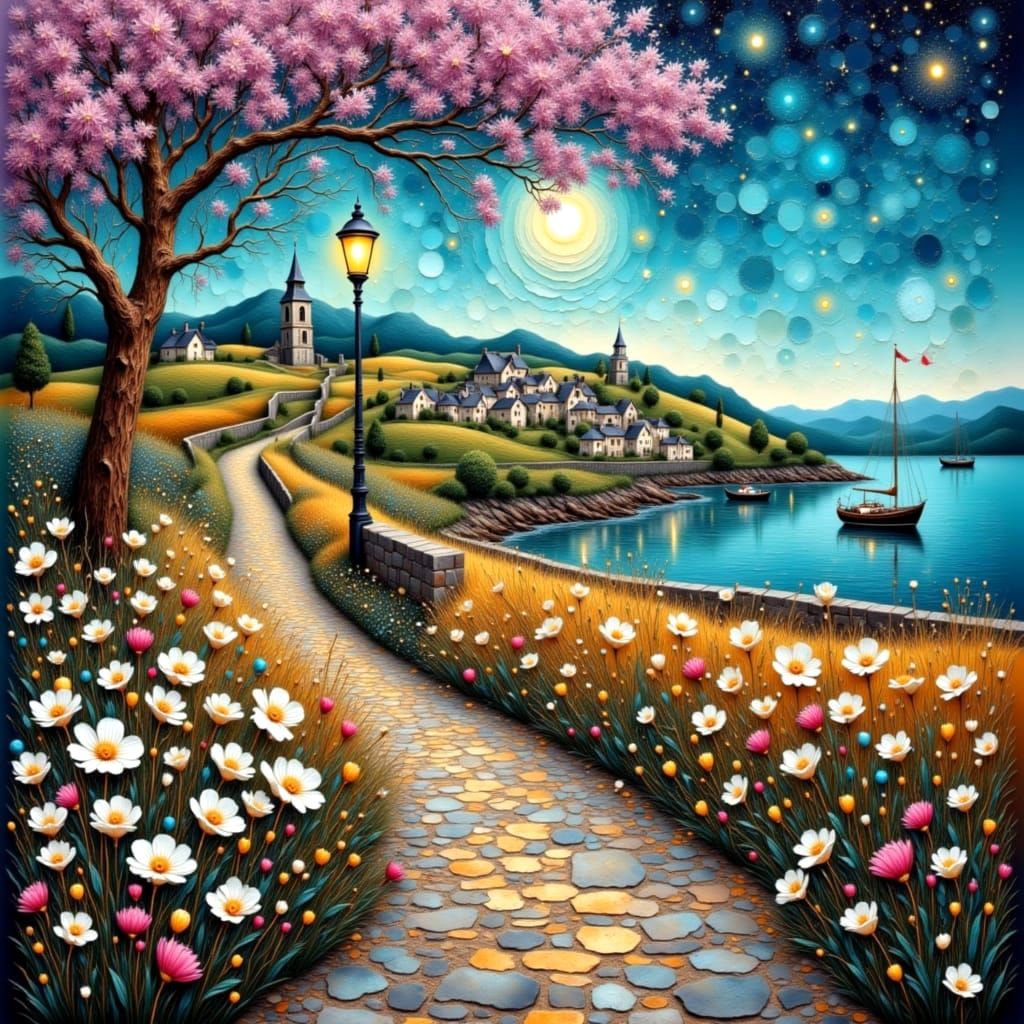 Ethereal English Village at Dusk in Mixed Media Style