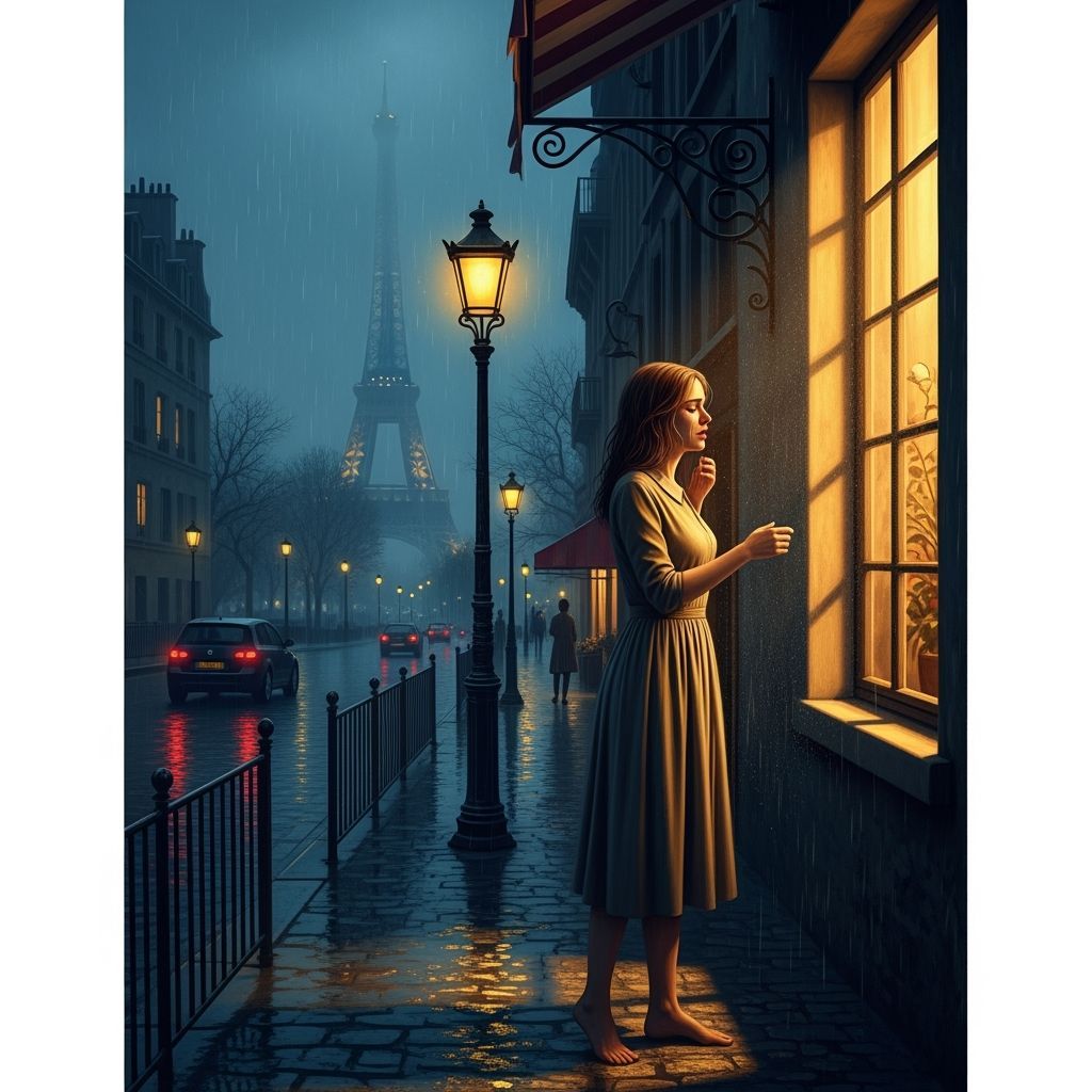 Rainy Parisian Night: Woman in Matte Painting Style