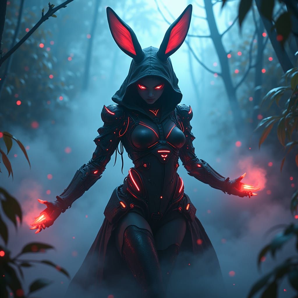 Cybergoth Hellbunny in Futuristic Exosuit Amidst Dark Atmosp...