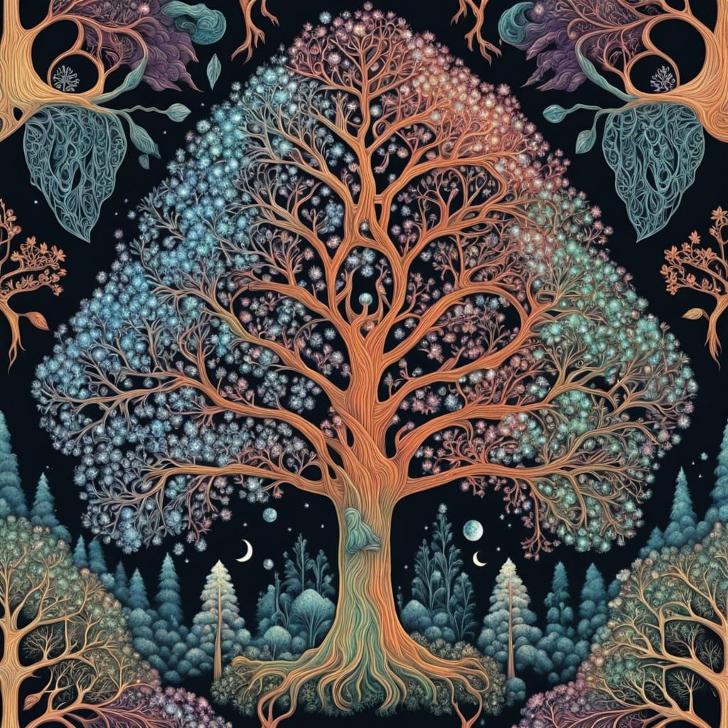 Ethereal Tree with Crystal Leaves Glows in Moonlit Forest