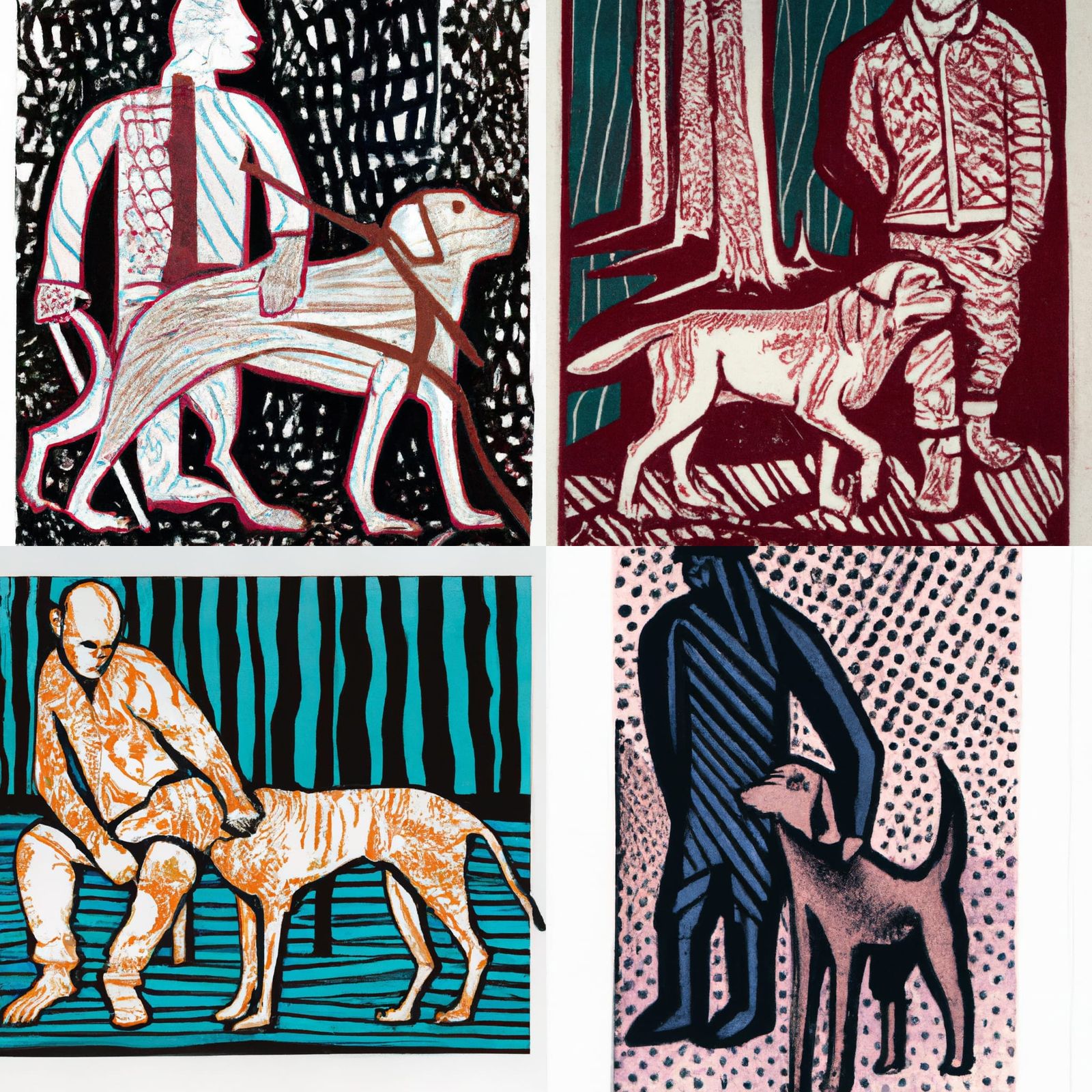 Colorized Woodcut Print of Man and Dog
