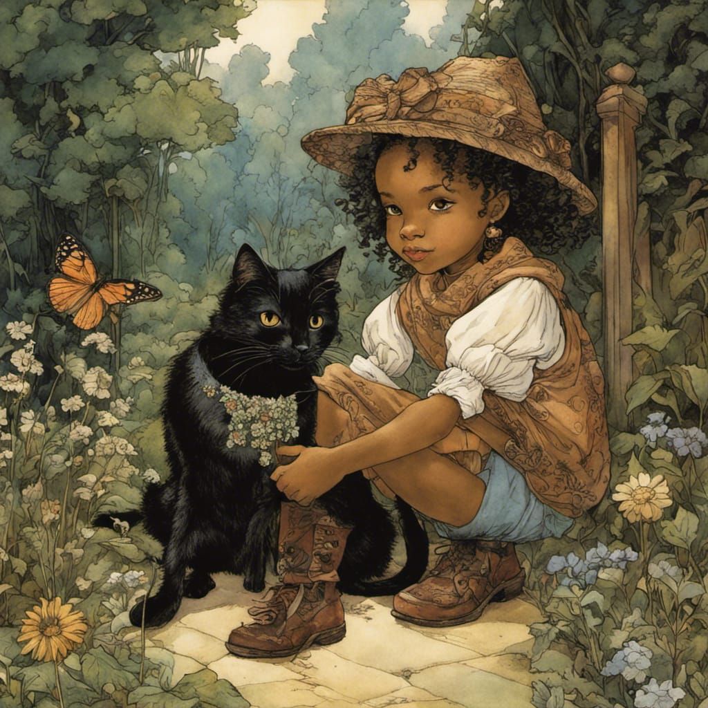 Girl and Cat in Garden, Illustrated Style