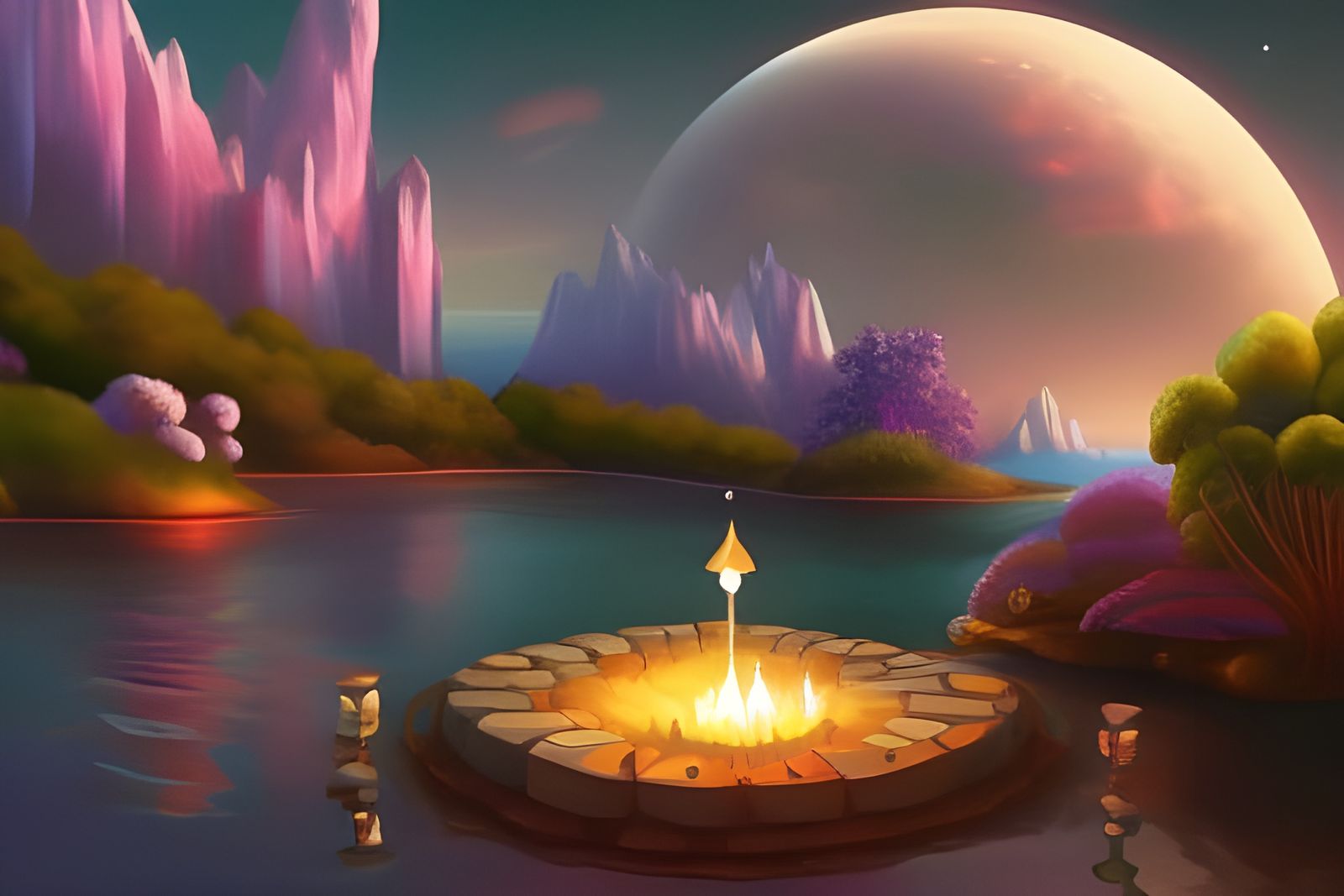 Dreamy Campfire on Fantasy Seascape, Digital Art
