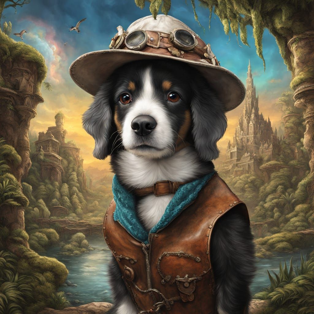Intrepid Explorer Dog in Hyperrealistic Splash Art