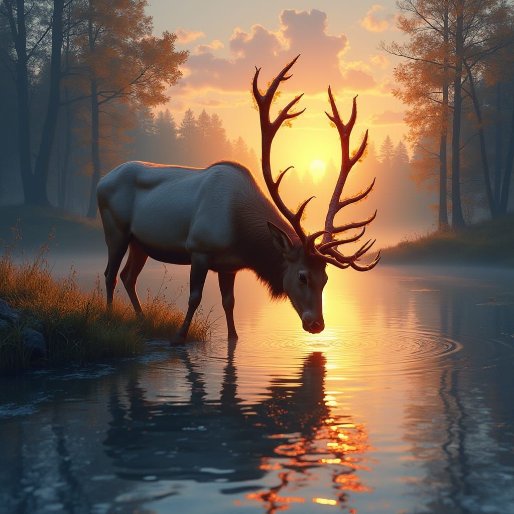 Majestic Stag with Glowing Antlers: Impressionistic Sunset