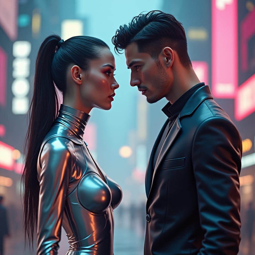 Androids Converse in Dystopian Cyberpunk Metropolis