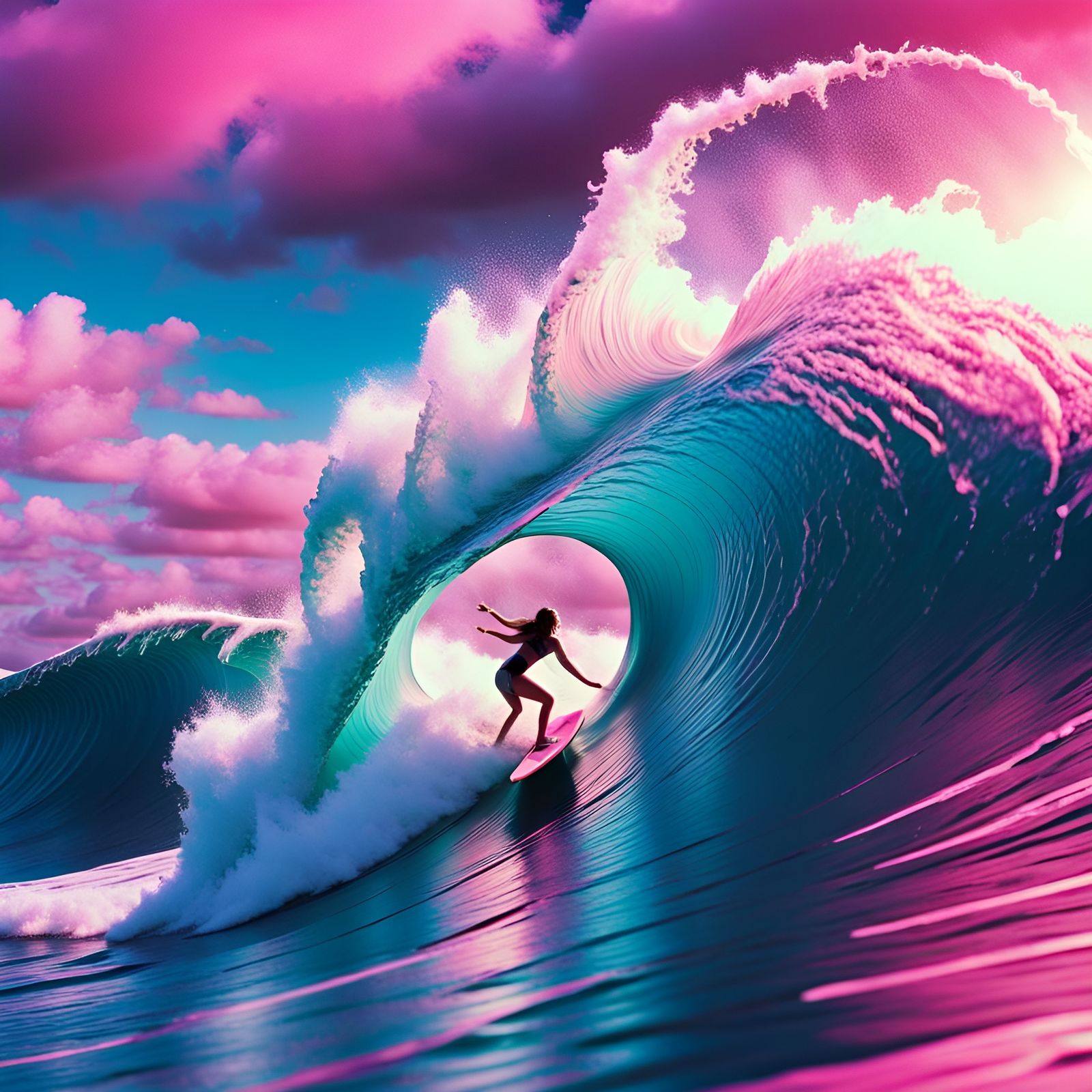 Closeup Epic surfing wave in Hawaii, female, vaporwave aesth...