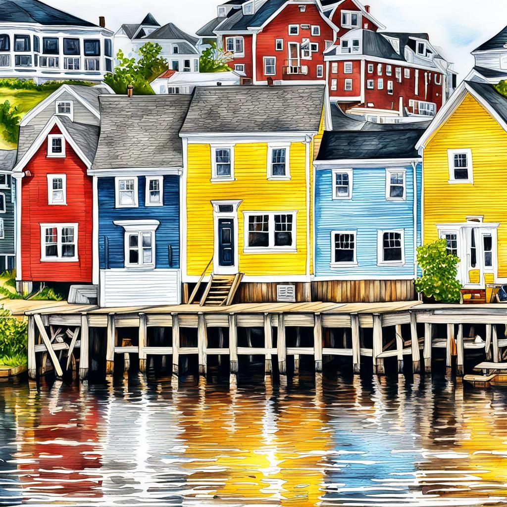 Colorful Lunenburg Homes: Crayon-Style River Scene