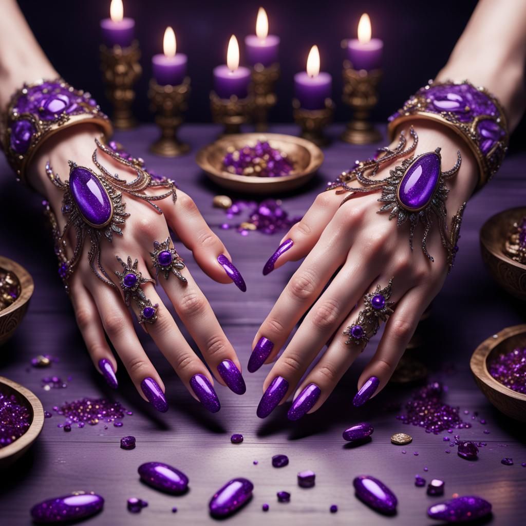 Elegant Purple Glitter Nails on Wooden Table