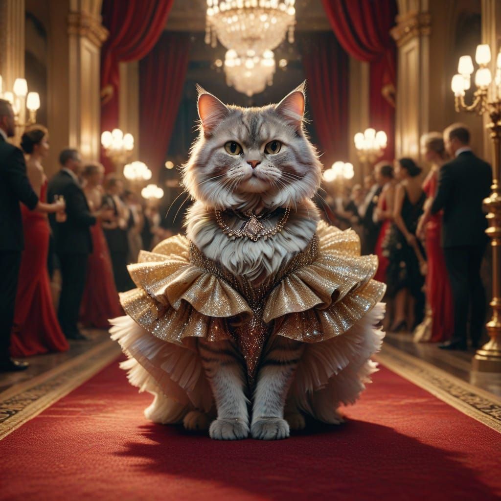 Glamorous Anthropomorphic Cat Strolls Red Carpet
