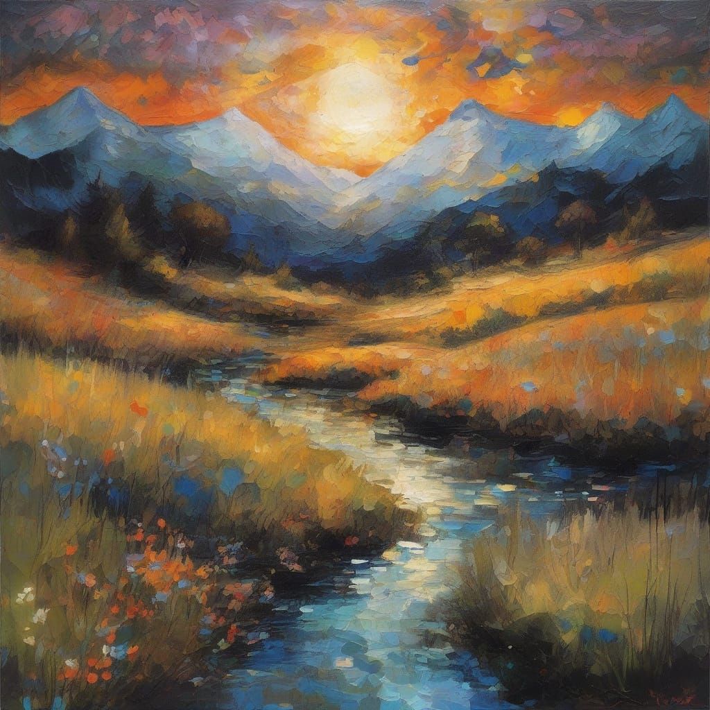 Fantasy Mountain Sunset in Impasto Watercolor Style