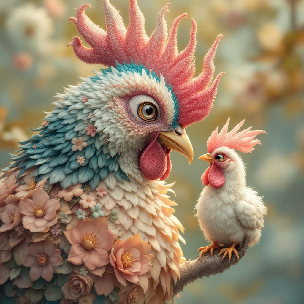 Fantasy Rooster Amidst Fiery Flowers in Pastel Surrealism
