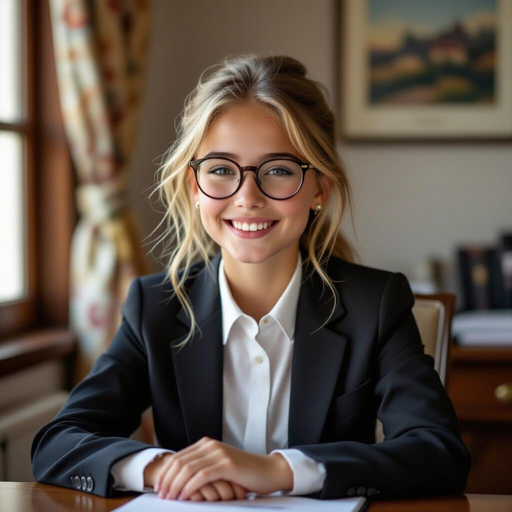Shy Blond Girl in Business Dress, Photorealistic Portrait