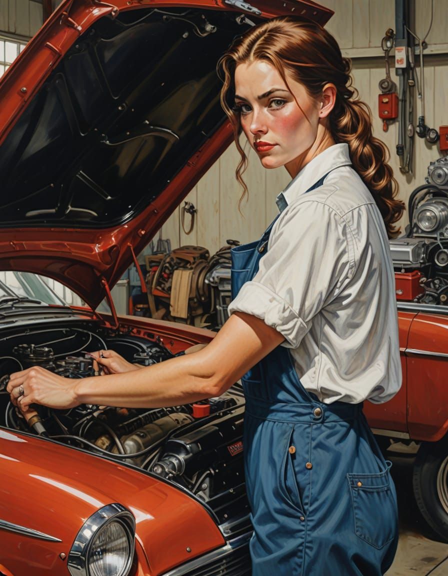 Young Woman Works on Classic Car in Garage, in Oil Painting ...