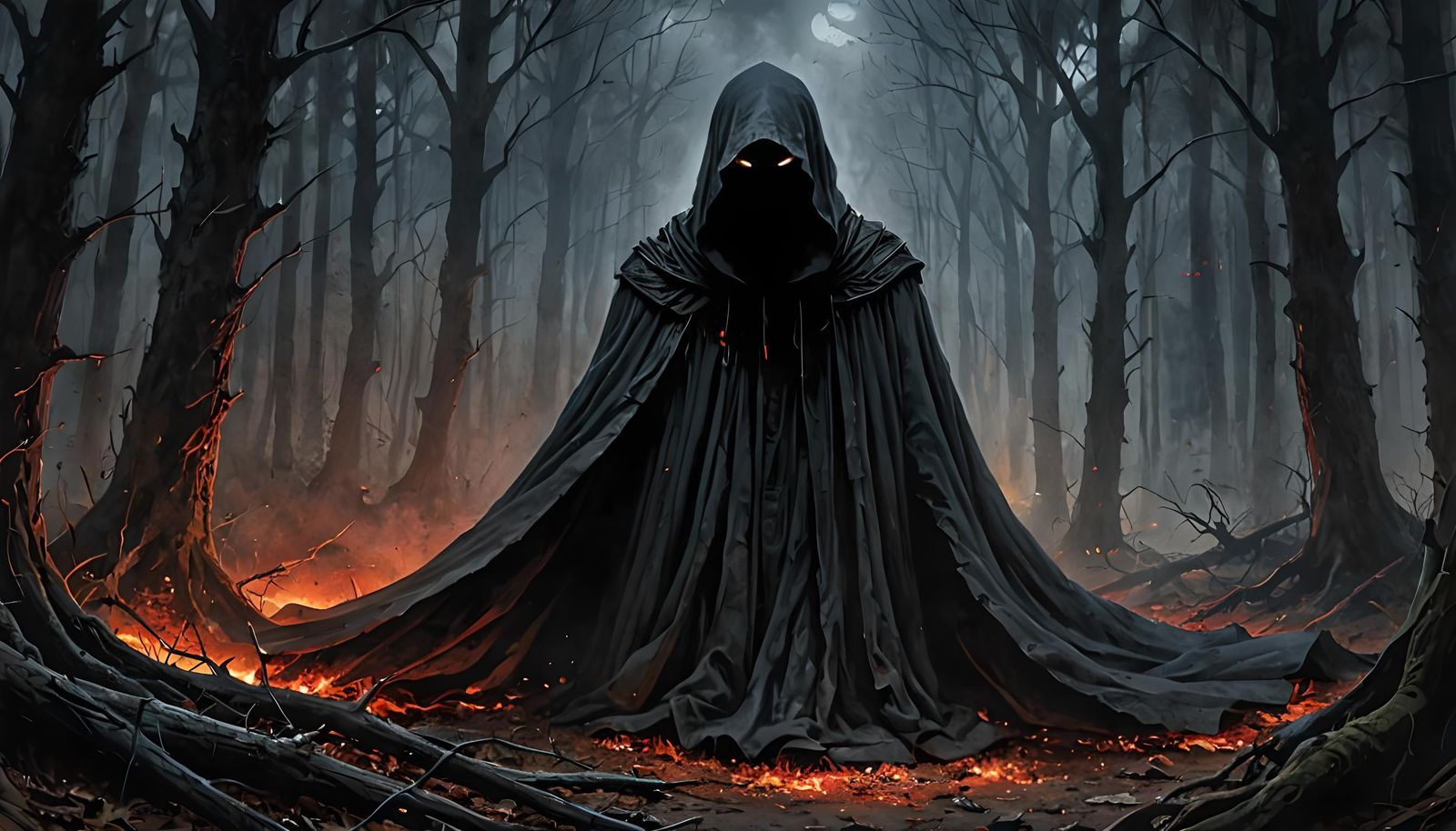 Eerie Shadow Figure in Dark Forest, Watercolor Style