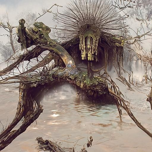 Surreal Vegetation in Misty Hollow: Electron Tube-Punk Style