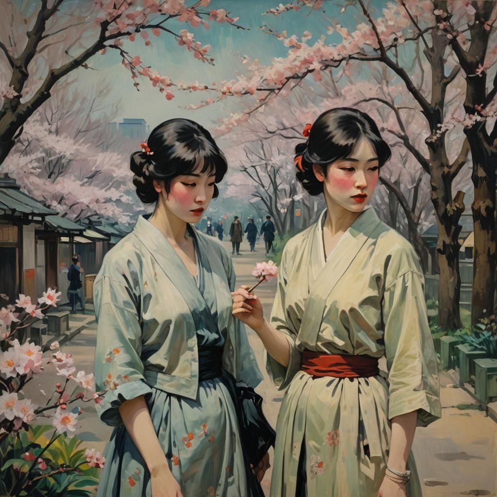 "Taisho era lesbian pulp fiction in Impressionistic style". 16k resolution, art by Goyo Hashiguchi, Takabatake Kasho, Cl...