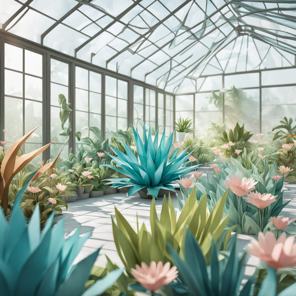 A large glass conservatory filled with exotic, magical plant...