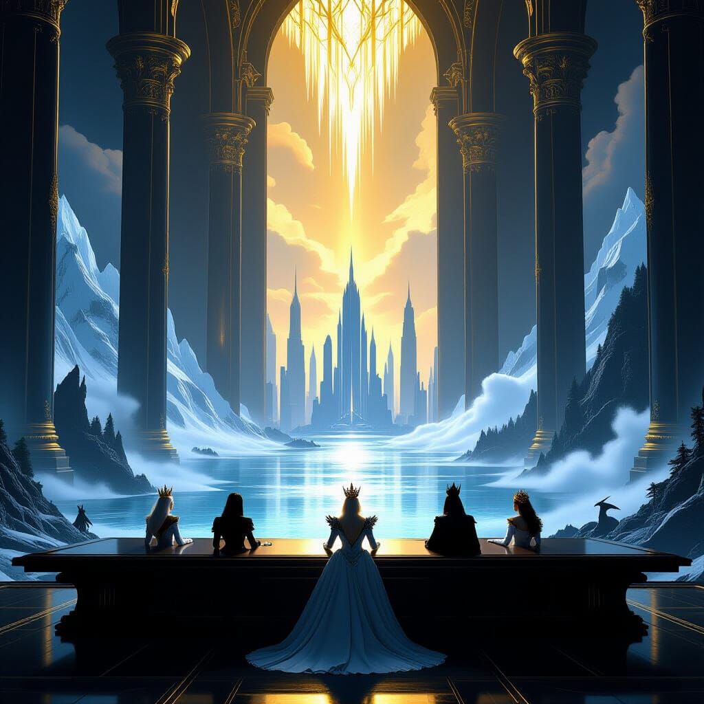 Elegant Queens in Colossal War Hall: Cinematic Fantasy