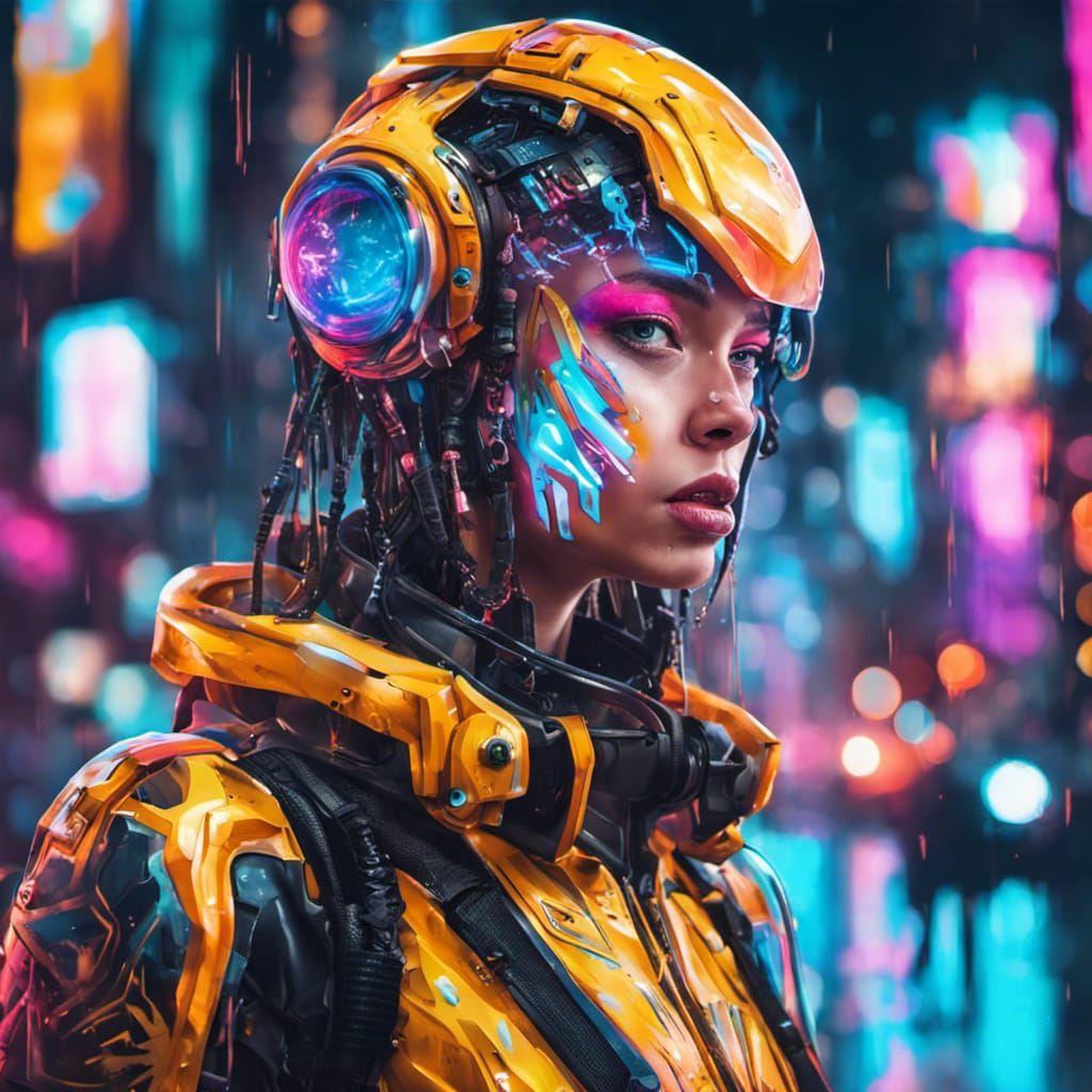 Futuristic Cyborg Girl in Neon City Graffiti Art
