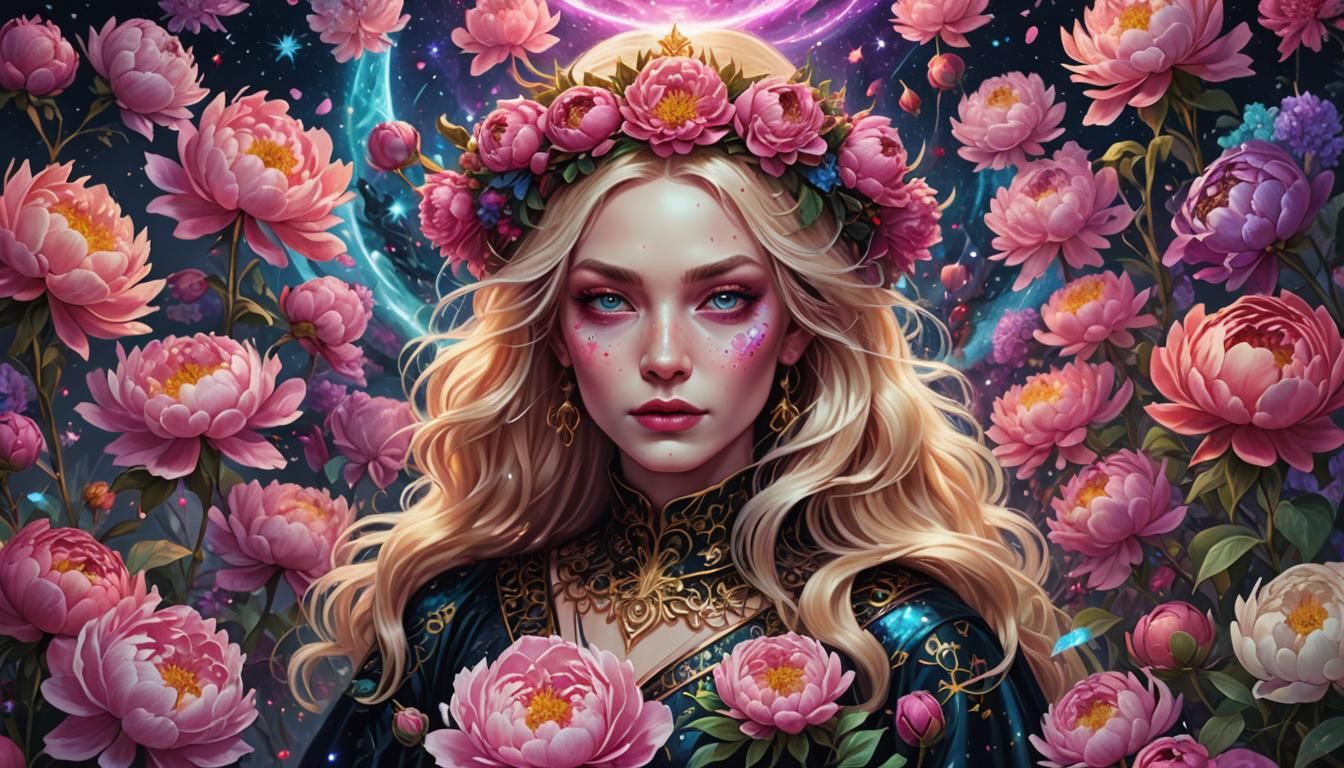 Evil Blonde Witch Surrounded by Peonies in Visionary Art Sty...