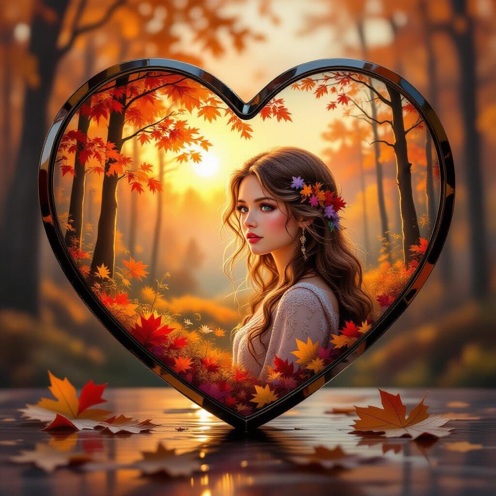 Fantasy Autumn Forest Scene with Girl and Glass Frame