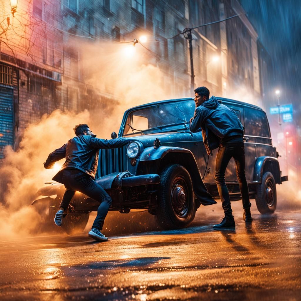 Hyperrealistic Street Fight on Rainy Night