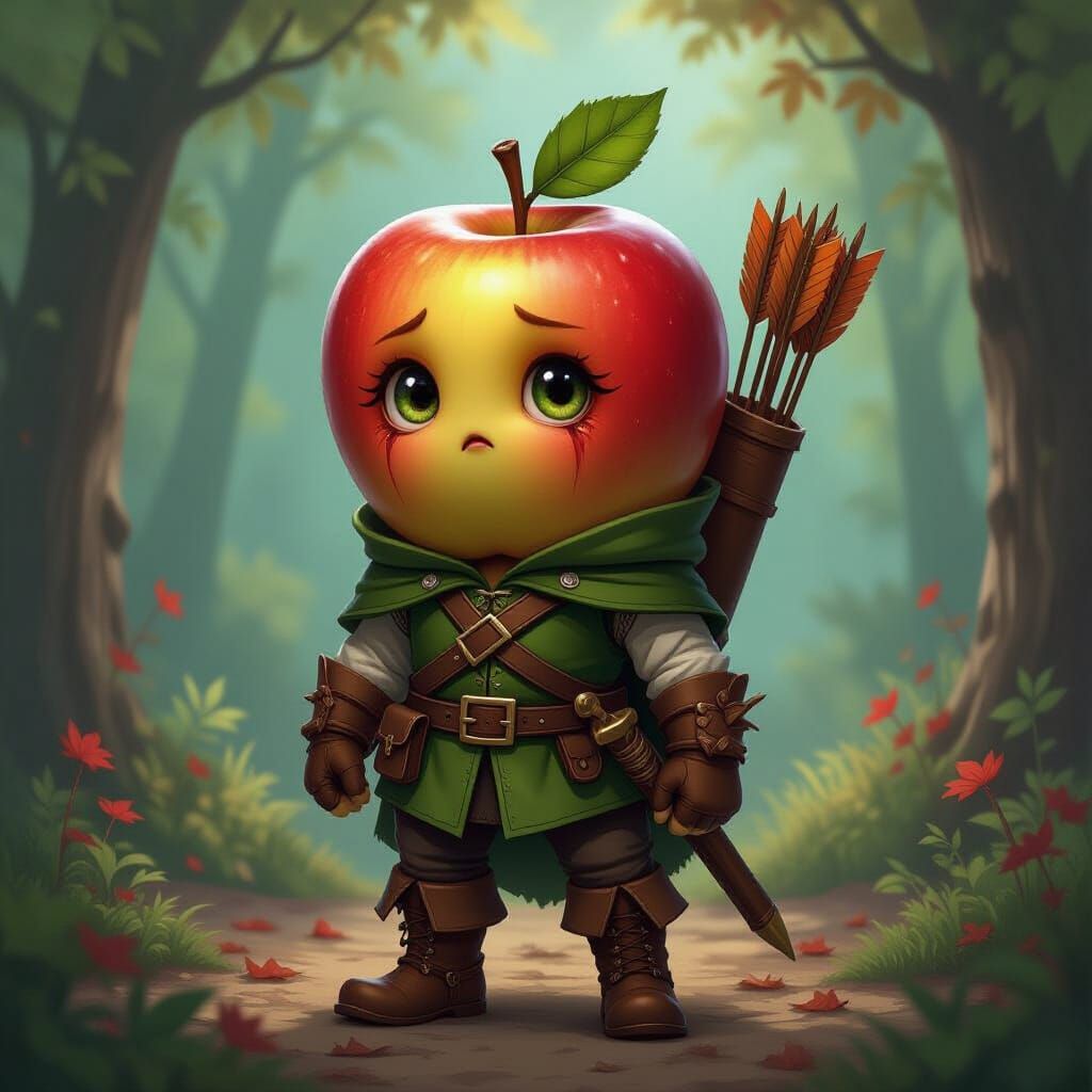 Melancholic Apple-Headed Archer in Forest Garb