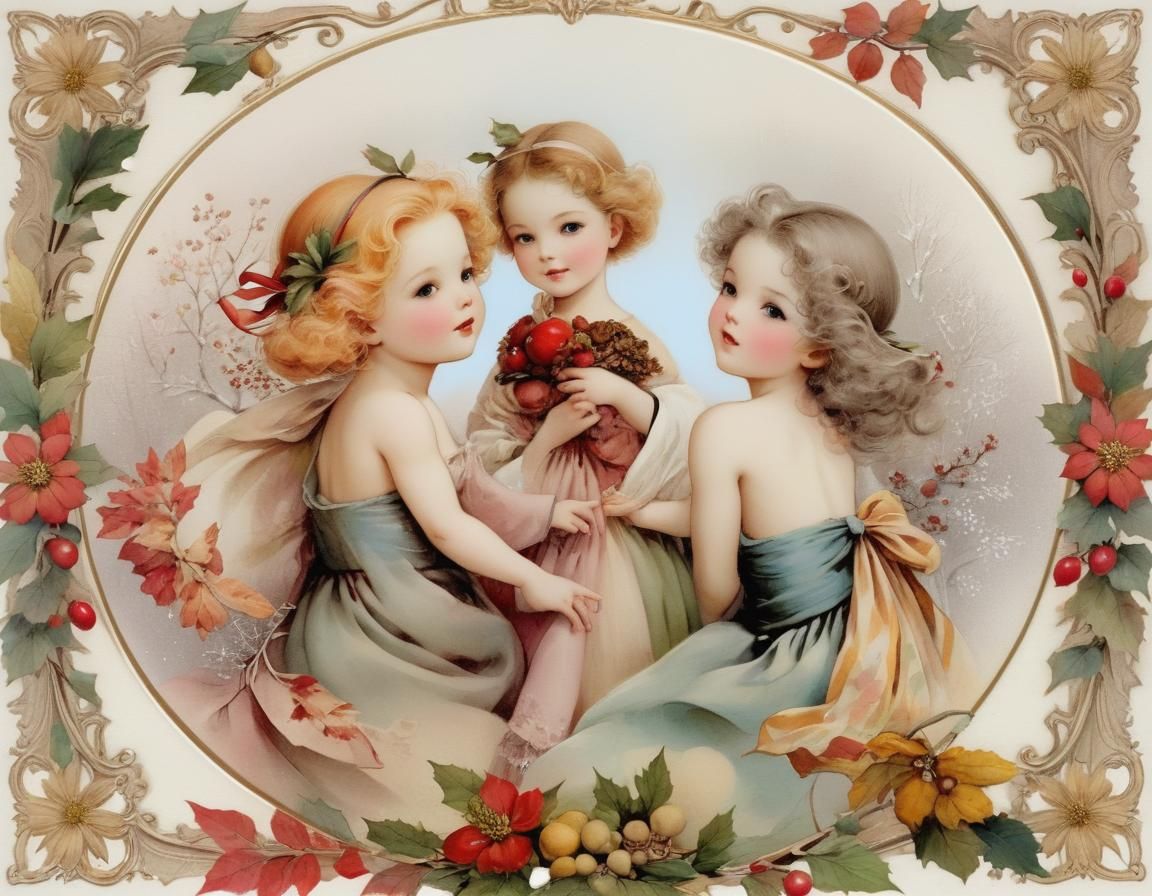 Surreal Winter Scene on a Vintage Seasons Card