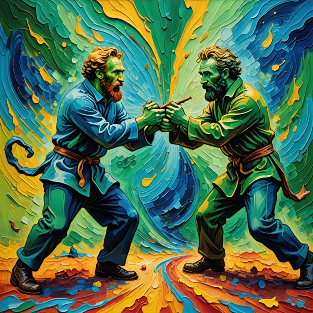 Vibrant Whimsical Tug of War Painting in Triadic Colors