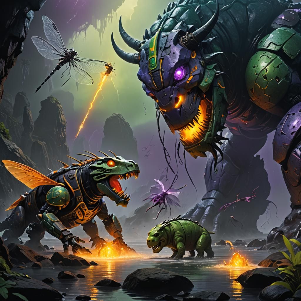 Epic Bionicle Creature Confrontation in Moody Fantasy Art