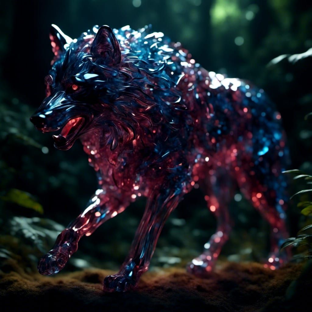 Glass Wolf in Jungle, Hyperrealistic Digital Art