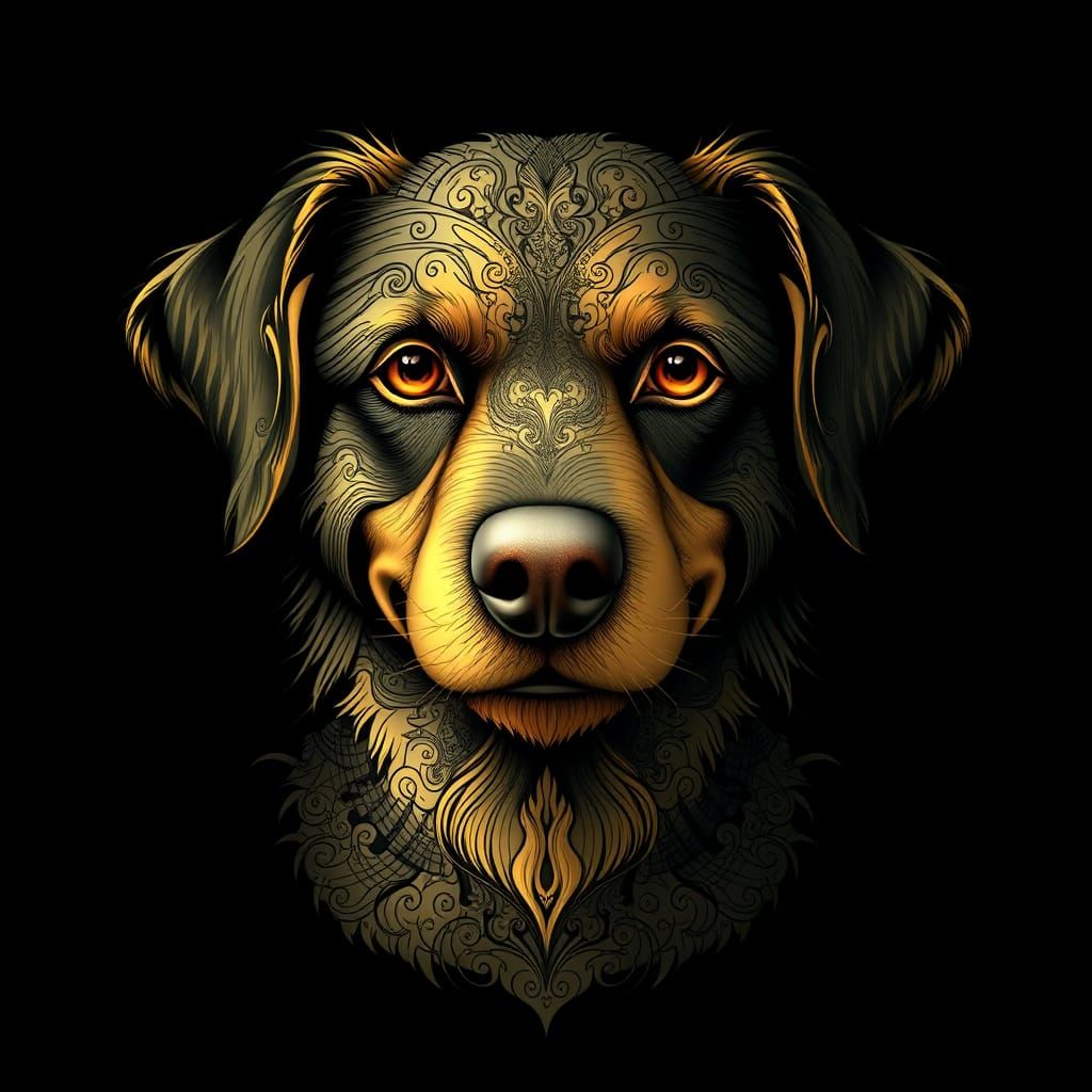 Doge with Enigmatic Smile in Abstract Vector Fractal Style