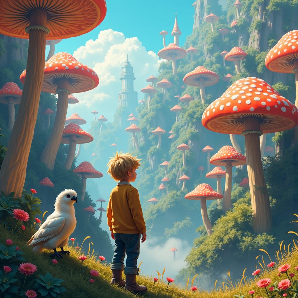 Boy and Bird Discover Mushroom City in Mead Style