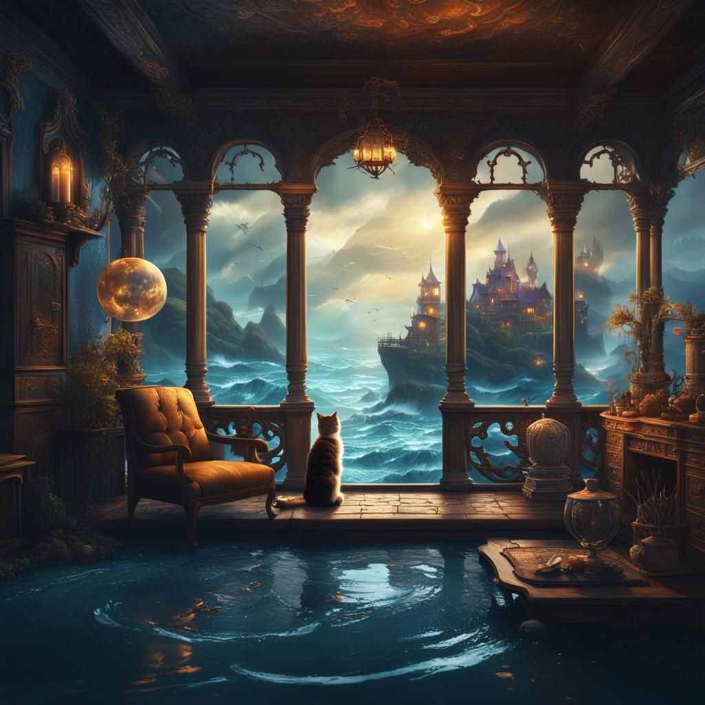 Fantastical Cat Home by the Sea: Detailed Matte Painting