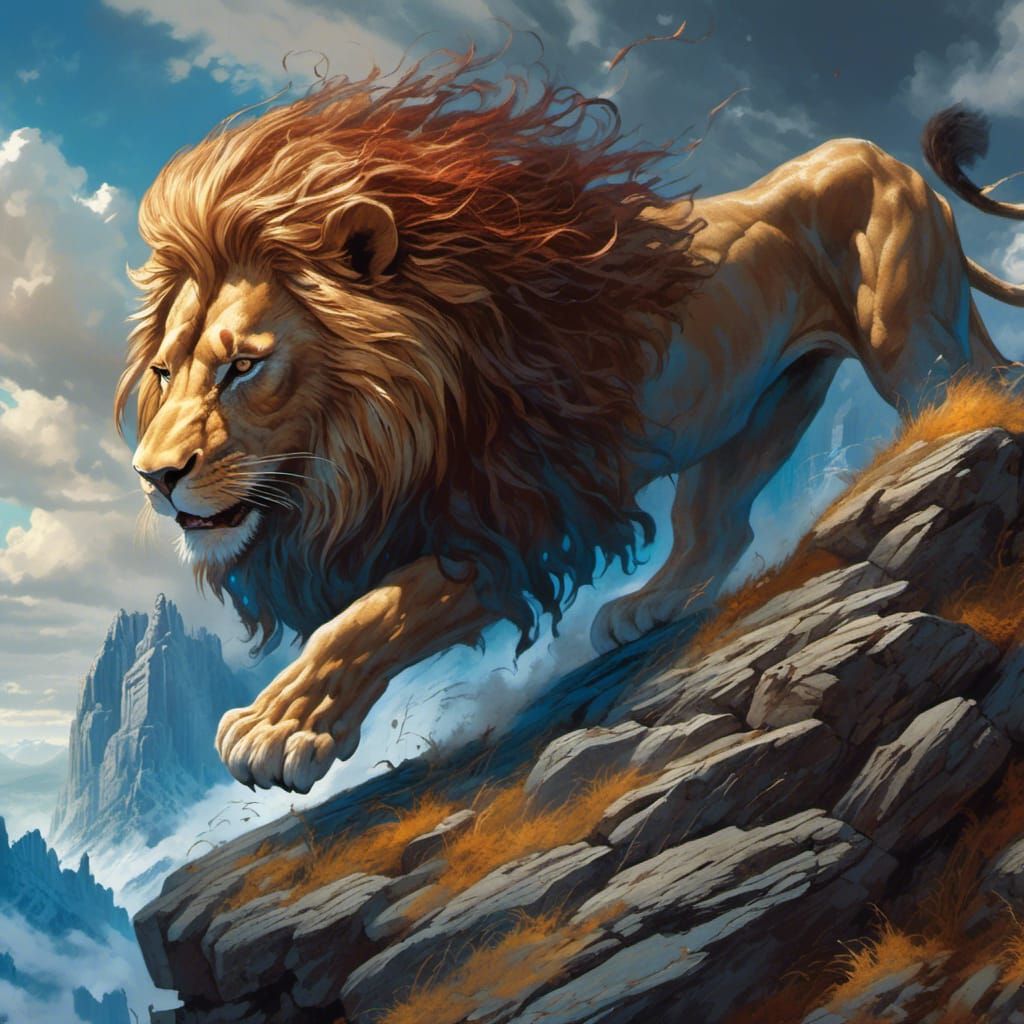 Lion Roaring Dramatically on Windy Cliff