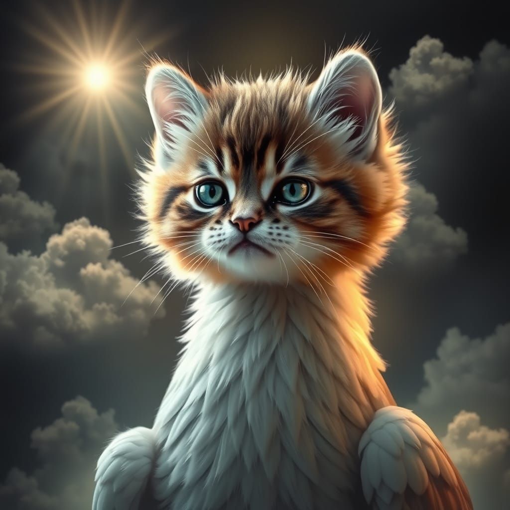 Kitten's Wise Face on a Bird-Like Body in a Dark, Surreal La...