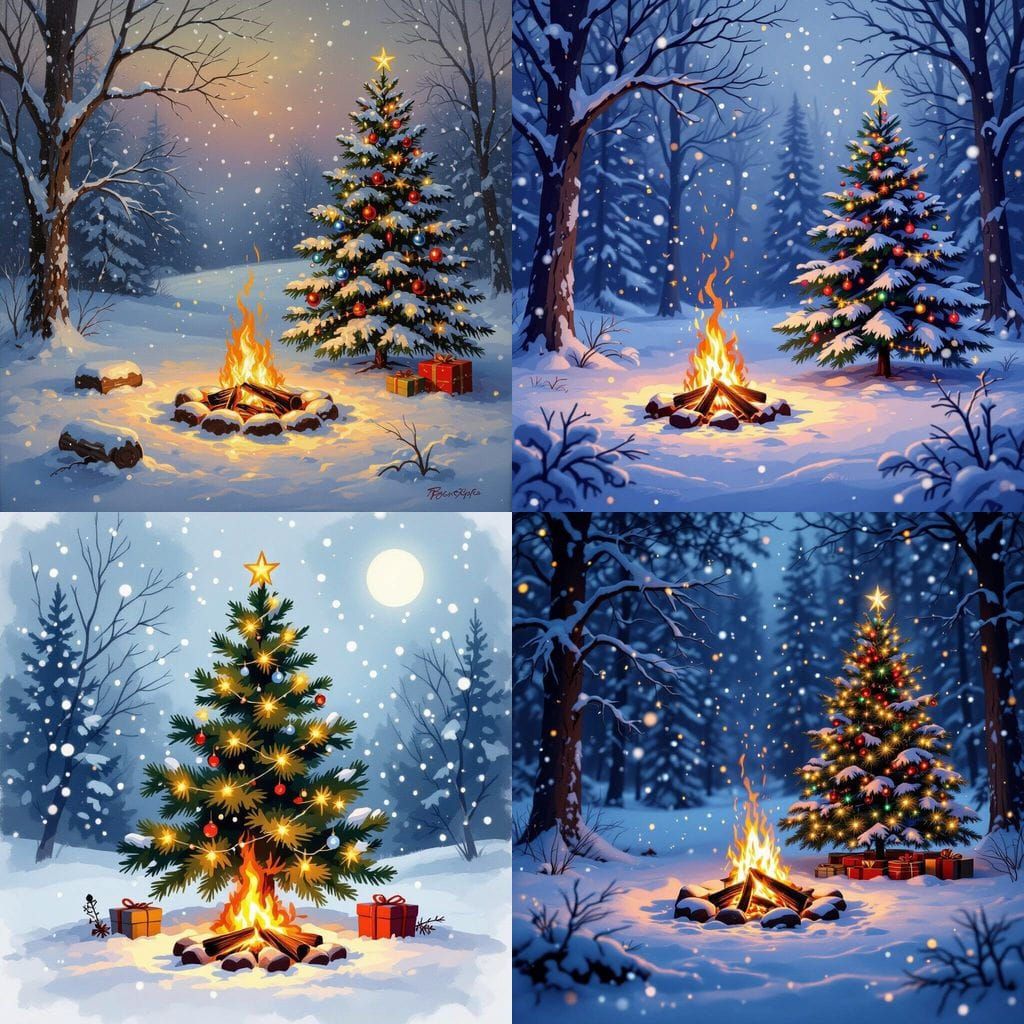 Snowy Campfire with Christmas Tree
